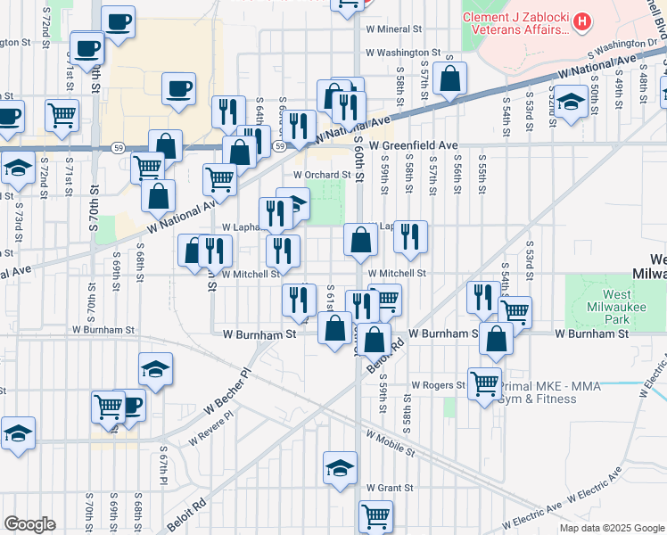 map of restaurants, bars, coffee shops, grocery stores, and more near 6034 West Mitchell Street in West Allis