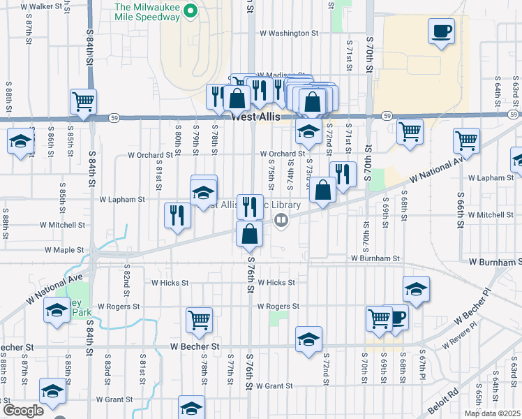 map of restaurants, bars, coffee shops, grocery stores, and more near 1623 South 75th Street in West Allis