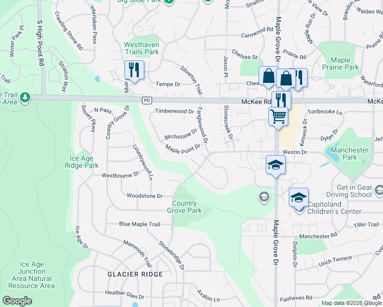 map of restaurants, bars, coffee shops, grocery stores, and more near 7117 Maple Point Drive in Madison