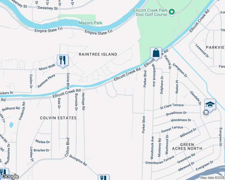 map of restaurants, bars, coffee shops, grocery stores, and more near 33 Willowgrove Court in Tonawanda