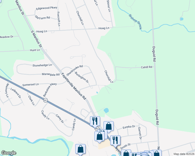 map of restaurants, bars, coffee shops, grocery stores, and more near 307 Sherbrooke Rd in Manlius