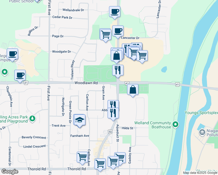 map of restaurants, bars, coffee shops, grocery stores, and more near 21 Woodlawn Road in Welland