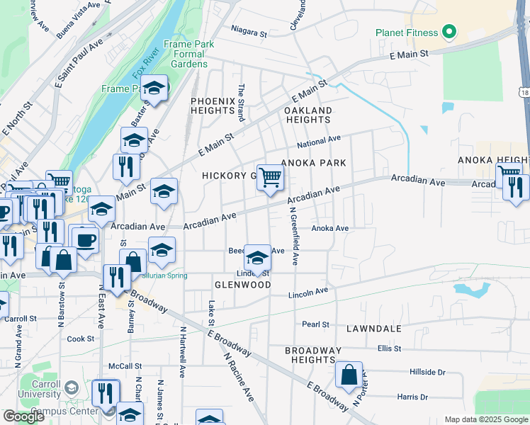 map of restaurants, bars, coffee shops, grocery stores, and more near 851 Oakland Avenue in Waukesha
