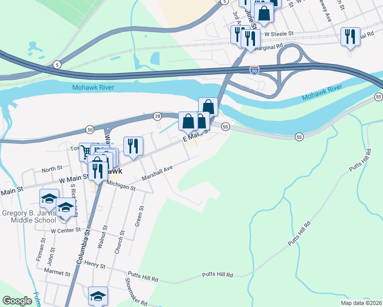map of restaurants, bars, coffee shops, grocery stores, and more near 9 Bellinger Street in Mohawk
