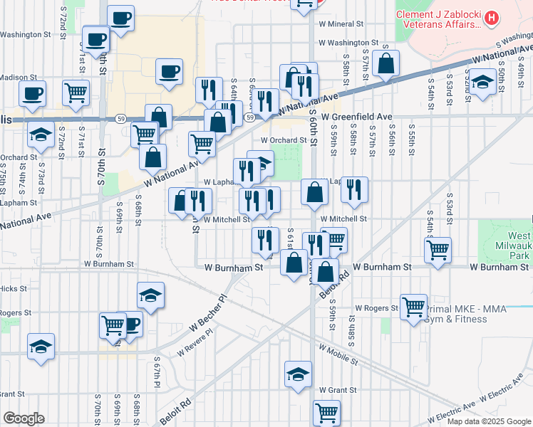 map of restaurants, bars, coffee shops, grocery stores, and more near 6200 West Mitchell Street in West Allis