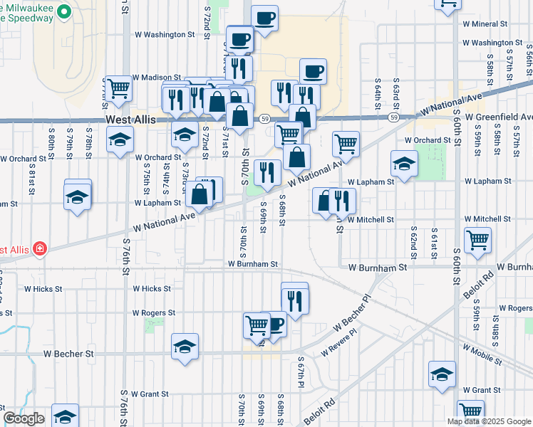 map of restaurants, bars, coffee shops, grocery stores, and more near 1662 South 69th Street in West Allis