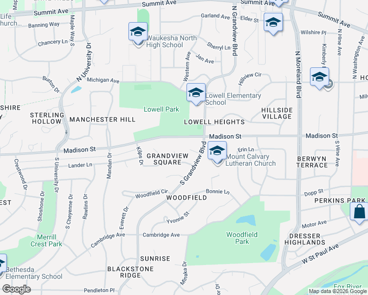 map of restaurants, bars, coffee shops, grocery stores, and more near 2016 Grandview Court in Waukesha