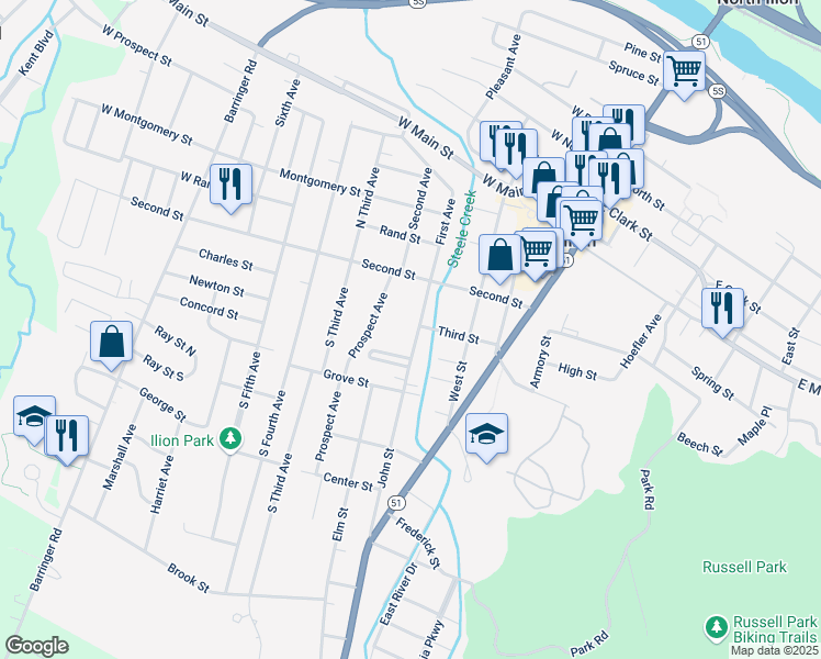 map of restaurants, bars, coffee shops, grocery stores, and more near 42 John Street in Ilion
