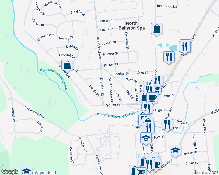 map of restaurants, bars, coffee shops, grocery stores, and more near 45 Knickerbocker Street in Ballston Spa