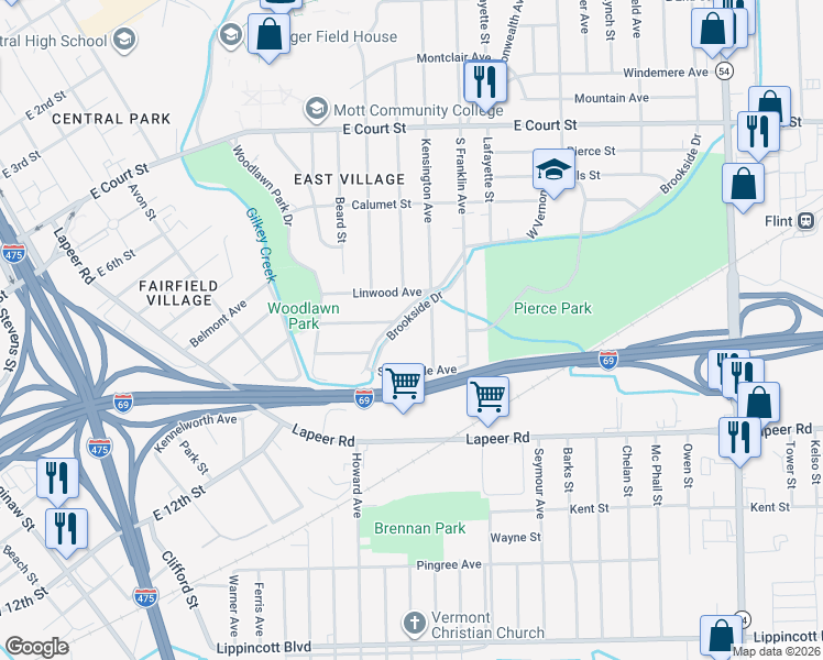 map of restaurants, bars, coffee shops, grocery stores, and more near 1780 Brookside Drive in Flint