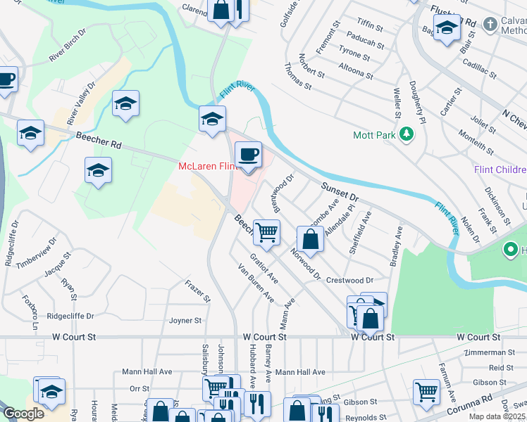 map of restaurants, bars, coffee shops, grocery stores, and more near 3734 Norwood Drive in Flint