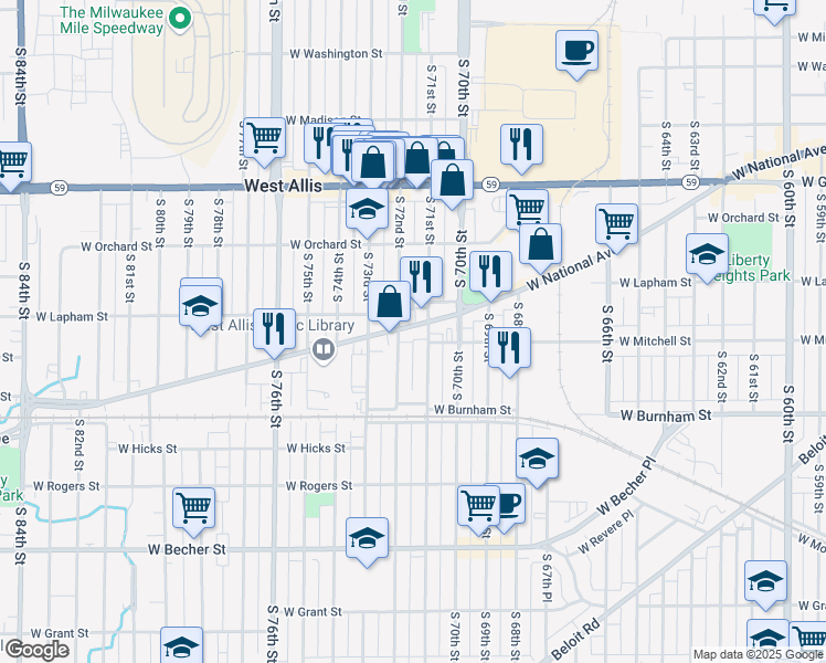 map of restaurants, bars, coffee shops, grocery stores, and more near 7119 West National Avenue in West Allis
