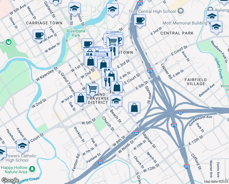 map of restaurants, bars, coffee shops, grocery stores, and more near in Flint