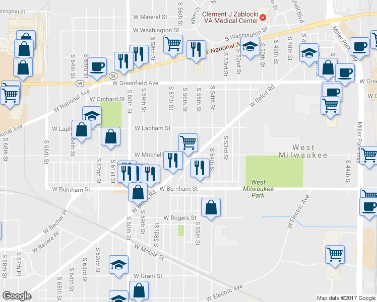 map of restaurants, bars, coffee shops, grocery stores, and more near 1664 South 56th Street in West Milwaukee
