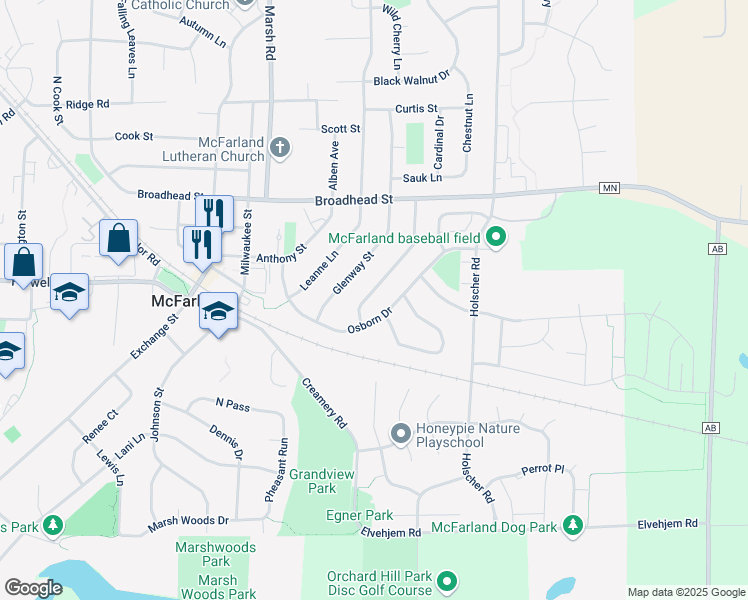 map of restaurants, bars, coffee shops, grocery stores, and more near 5812 Osborn Drive in McFarland