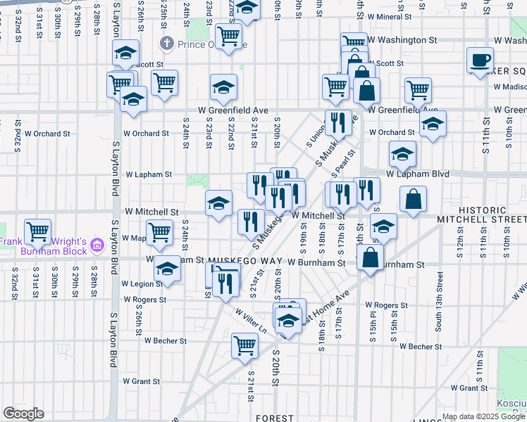 map of restaurants, bars, coffee shops, grocery stores, and more near 2020 West Mitchell Street in Milwaukee