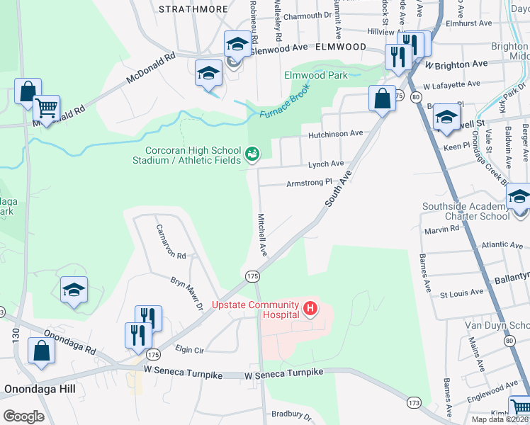 map of restaurants, bars, coffee shops, grocery stores, and more near 302 Mitchell Ave in Syracuse