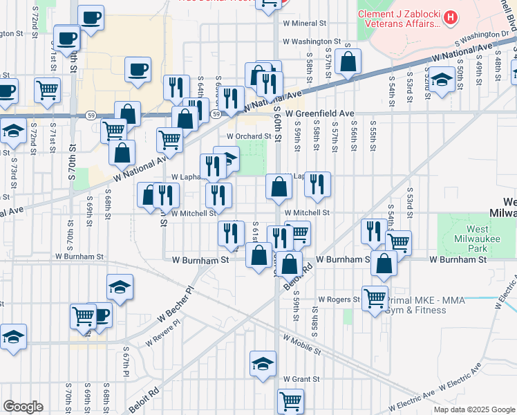 map of restaurants, bars, coffee shops, grocery stores, and more near 6034 West Mitchell Street in West Allis