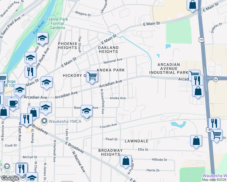 map of restaurants, bars, coffee shops, grocery stores, and more near 845 Genesee Street in Waukesha