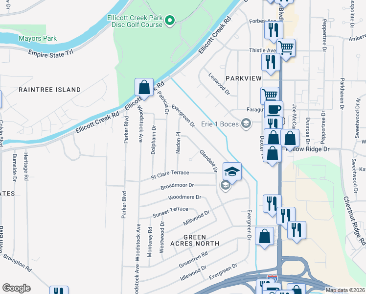 map of restaurants, bars, coffee shops, grocery stores, and more near 57 Nadon Place in Tonawanda