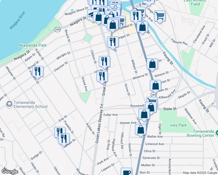 map of restaurants, bars, coffee shops, grocery stores, and more near 157 Minerva Street in Tonawanda
