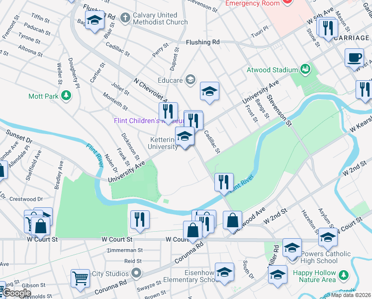 map of restaurants, bars, coffee shops, grocery stores, and more near 1700 University Avenue in Flint