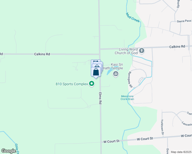 map of restaurants, bars, coffee shops, grocery stores, and more near 1104 Elms Road in Flint