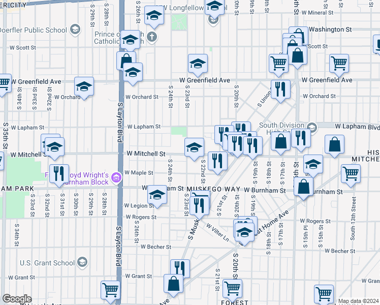 map of restaurants, bars, coffee shops, grocery stores, and more near 2236 West Mitchell Street in Milwaukee