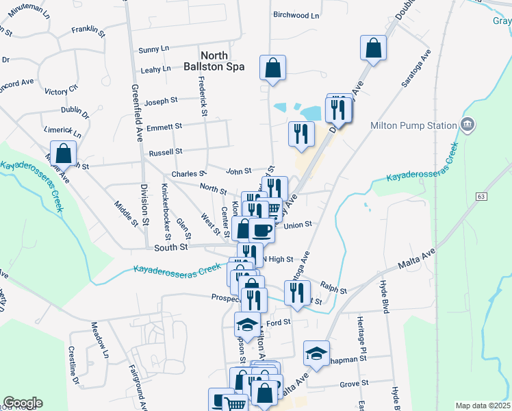 map of restaurants, bars, coffee shops, grocery stores, and more near 10 Rowland Street in Ballston Spa