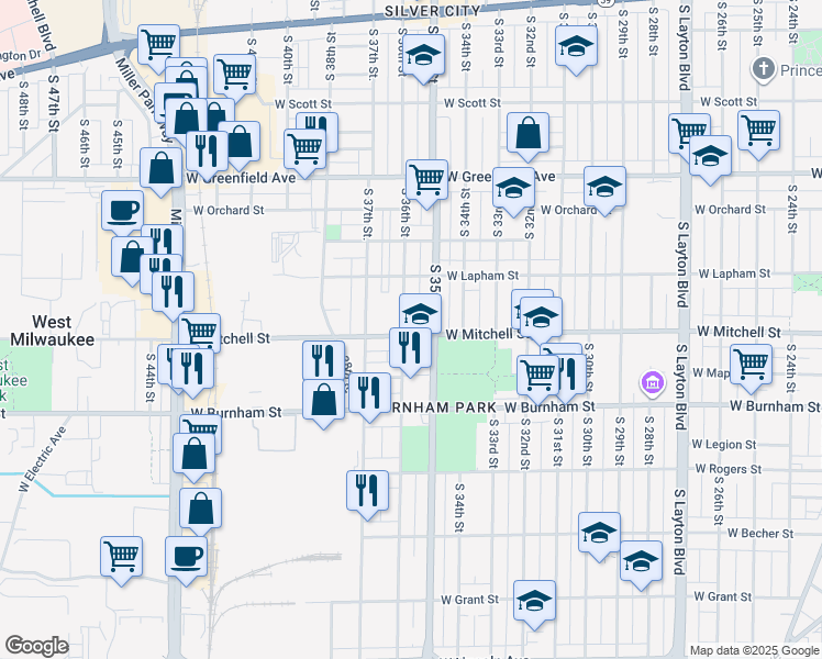 map of restaurants, bars, coffee shops, grocery stores, and more near 3526 West Mitchell Street in Milwaukee
