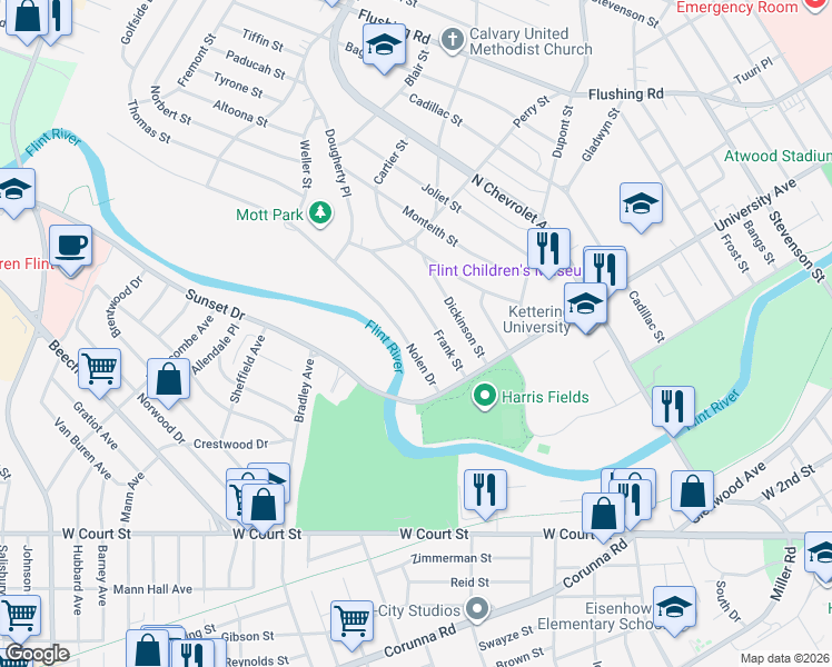map of restaurants, bars, coffee shops, grocery stores, and more near 2262 Nolen Drive in Flint