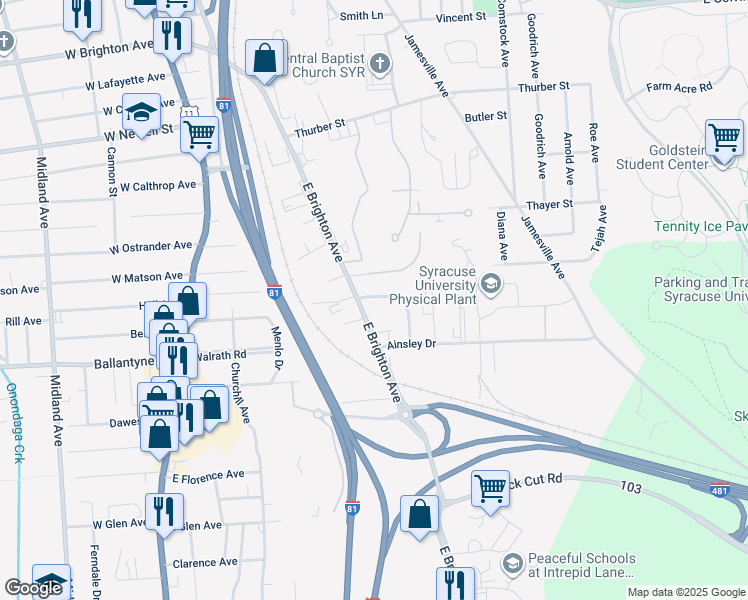 map of restaurants, bars, coffee shops, grocery stores, and more near 108 Ball Circle in Syracuse