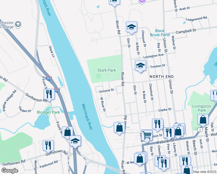 map of restaurants, bars, coffee shops, grocery stores, and more near 78 Riverview Place in Manchester