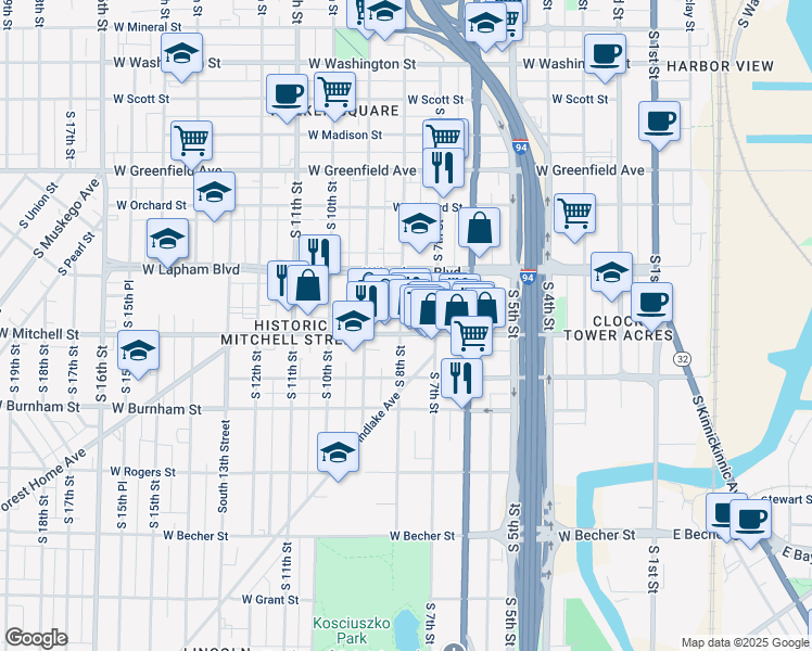 map of restaurants, bars, coffee shops, grocery stores, and more near 734 West Historic Mitchell Street in Milwaukee