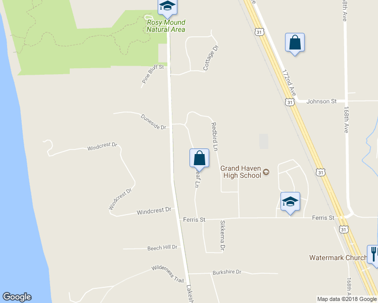 map of restaurants, bars, coffee shops, grocery stores, and more near 13431 Greenleaf Lane in Grand Haven