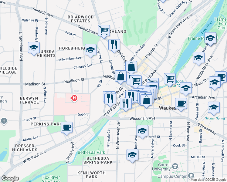 map of restaurants, bars, coffee shops, grocery stores, and more near 134 W North St in Waukesha