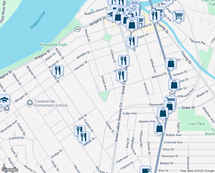 map of restaurants, bars, coffee shops, grocery stores, and more near 11 Grand Ave in Tonawanda