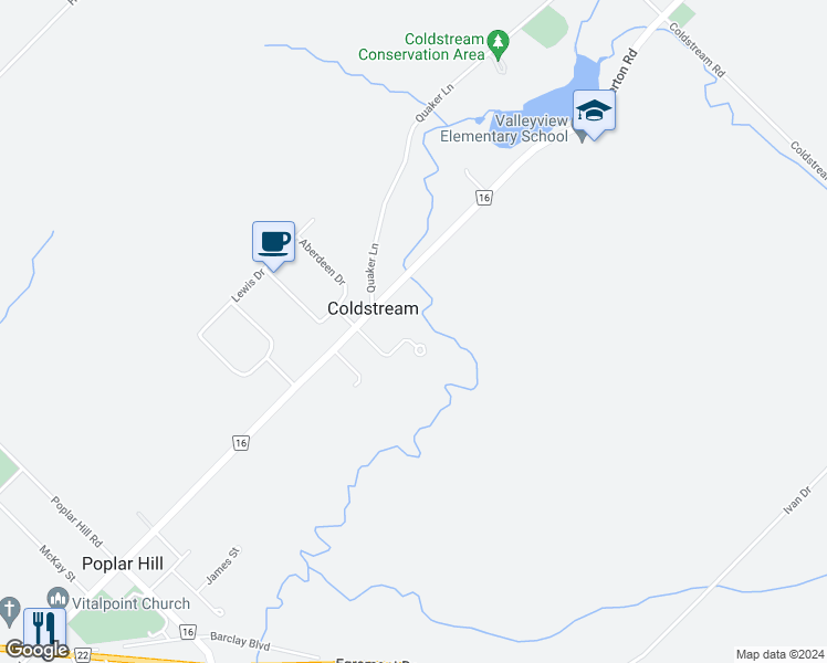 map of restaurants, bars, coffee shops, grocery stores, and more near 10 Ashley Lane in Ilderton