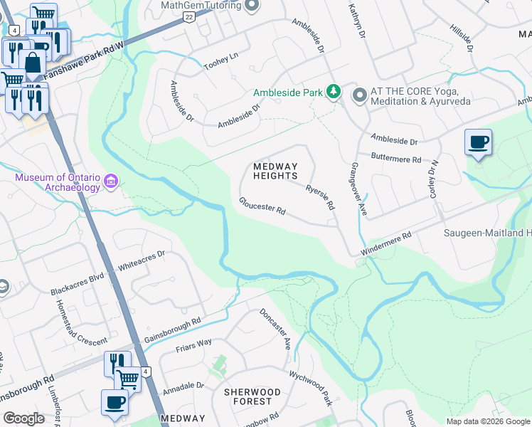 map of restaurants, bars, coffee shops, grocery stores, and more near 1587 Gloucester Road in London