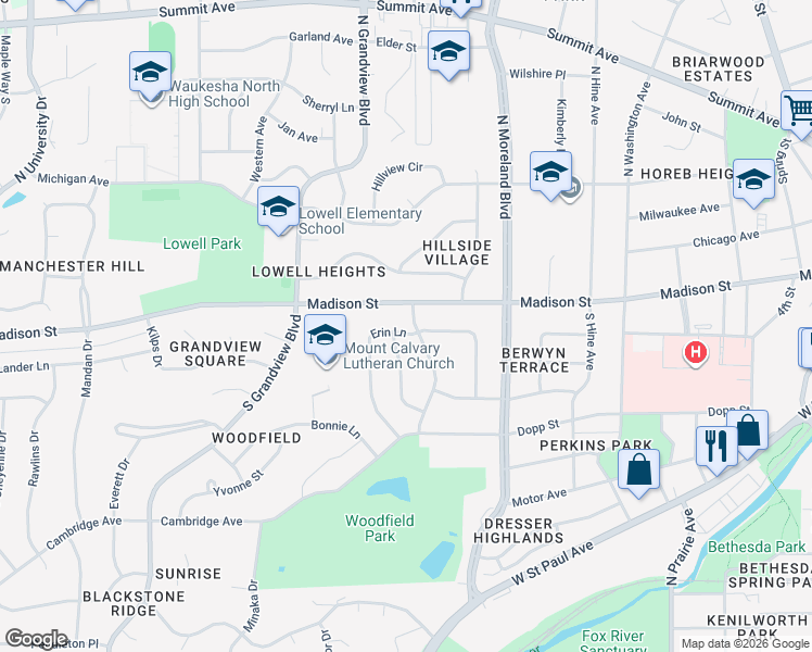 map of restaurants, bars, coffee shops, grocery stores, and more near 1602 Erin Lane in Waukesha