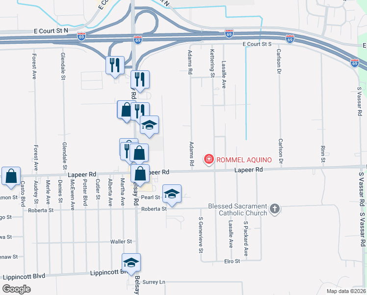 map of restaurants, bars, coffee shops, grocery stores, and more near 1242 Adams Road in Burton