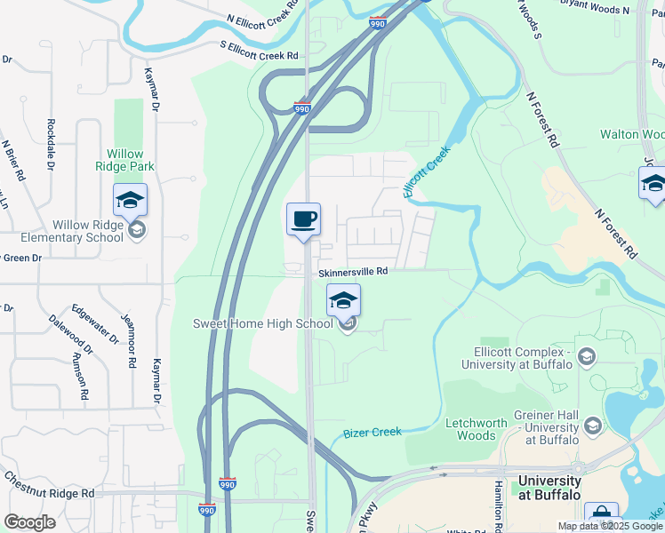 map of restaurants, bars, coffee shops, grocery stores, and more near 661 Skinnersville Road in Buffalo
