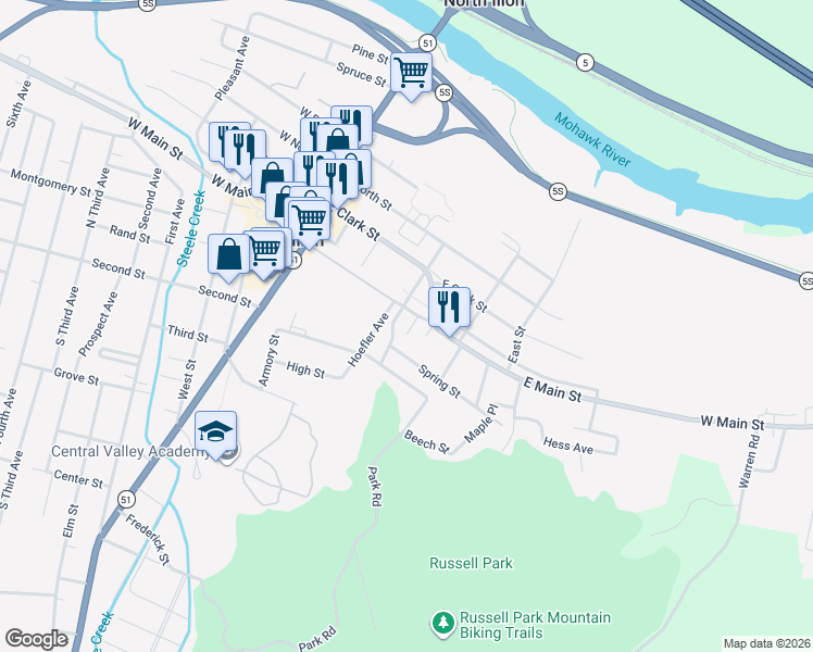 map of restaurants, bars, coffee shops, grocery stores, and more near 18-24 Pelton Place in Ilion