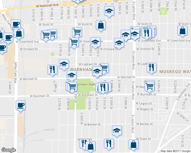 map of restaurants, bars, coffee shops, grocery stores, and more near 1667 South 32nd Street in Milwaukee