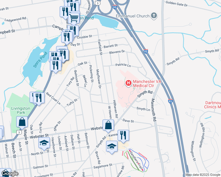 map of restaurants, bars, coffee shops, grocery stores, and more near 200 Hillhaven Road in Manchester