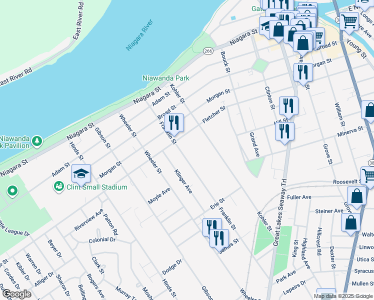 map of restaurants, bars, coffee shops, grocery stores, and more near 125 Franklin Street in Tonawanda