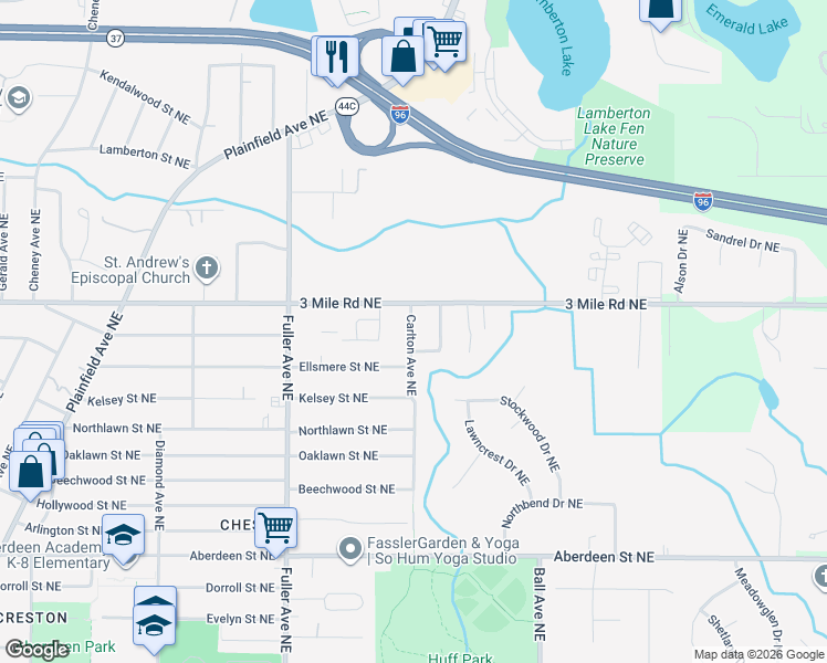 map of restaurants, bars, coffee shops, grocery stores, and more near 2733 Carlton Avenue Northeast in Grand Rapids