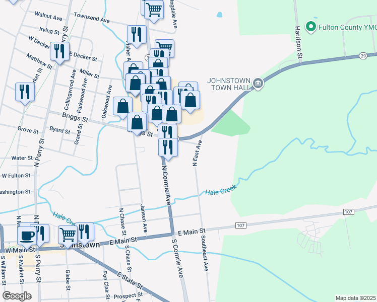 map of restaurants, bars, coffee shops, grocery stores, and more near 180 Briggs Street Extension in Johnstown