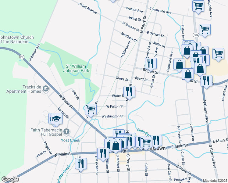 map of restaurants, bars, coffee shops, grocery stores, and more near 401 North Market Street in Johnstown