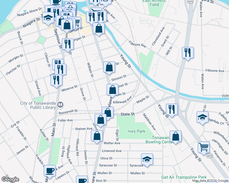 map of restaurants, bars, coffee shops, grocery stores, and more near 100 Elm Street in Tonawanda